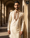 Ivory kurta with bronze embroidered neckline for men - Abito Men