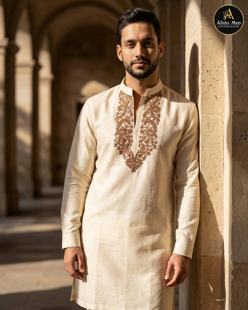 Ivory kurta with bronze embroidered neckline for men - Abito Men