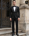 Premium black geometric embroidered tuxedo for men with satin shawl lapel - Abito Men