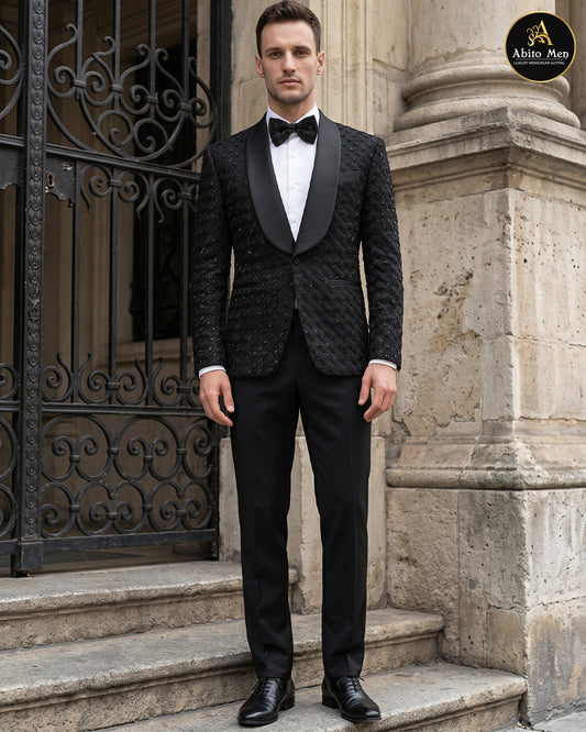 Premium black geometric embroidered tuxedo for men with satin shawl lapel - Abito Men