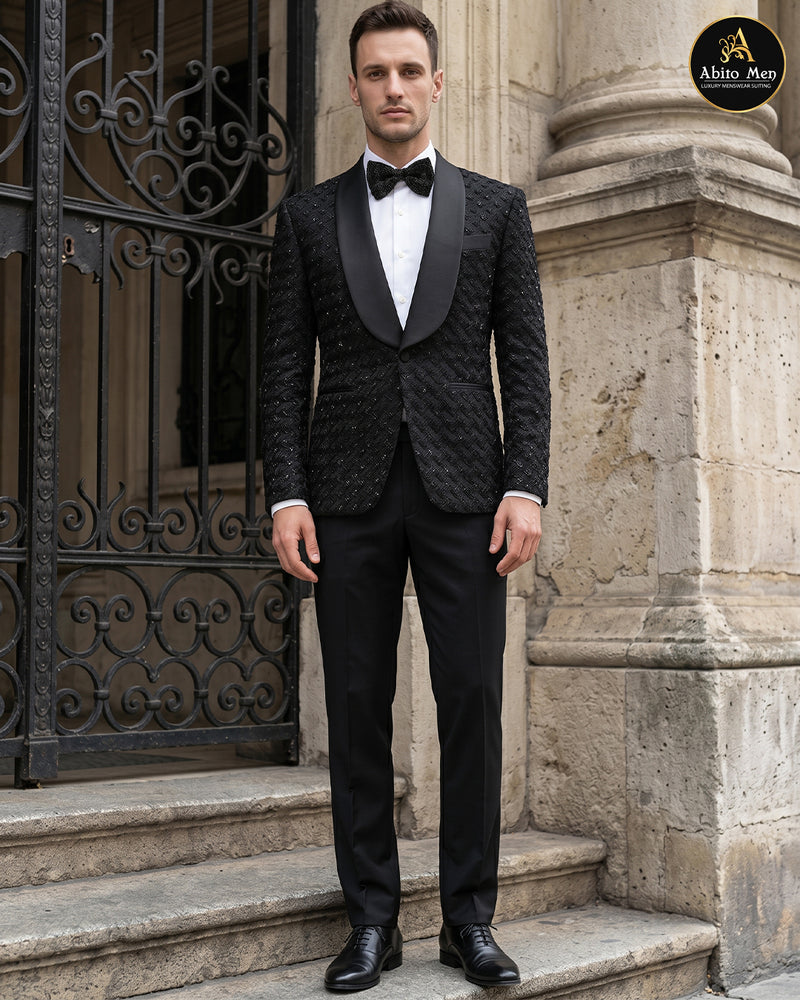 Premium black geometric embroidered tuxedo for men with satin shawl lapel - Abito Men