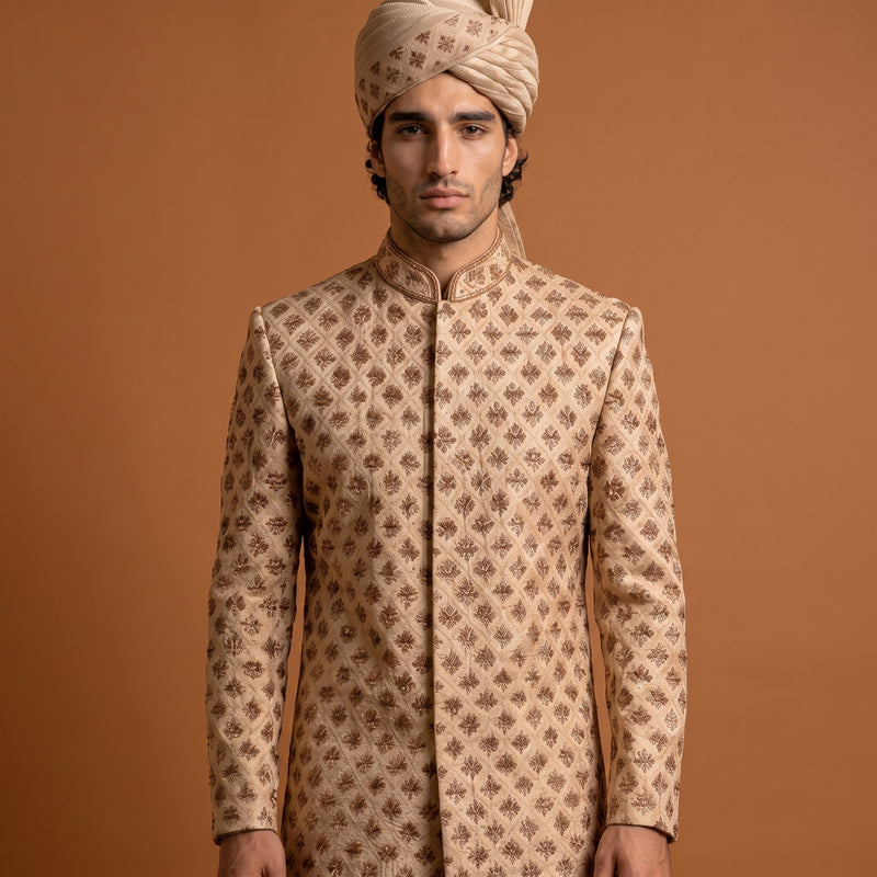Golden Embroidered Groom Sherwani with Mandarin Collar
