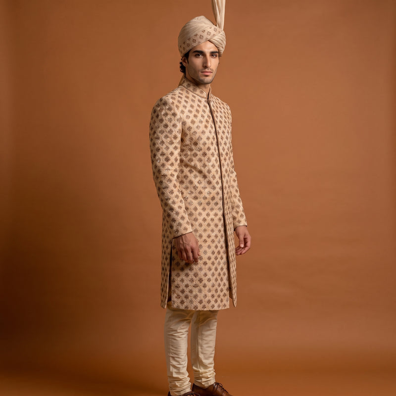 Golden Embroidered Groom Sherwani with Mandarin Collar
