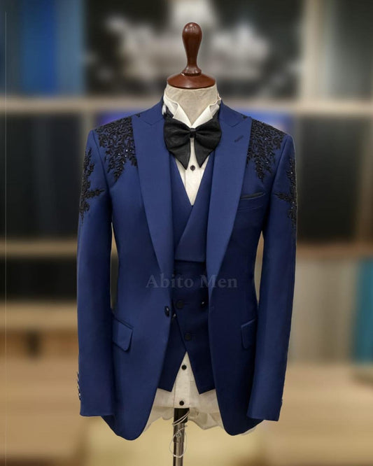 Royal Blue Embroidered 3-Piece Suit