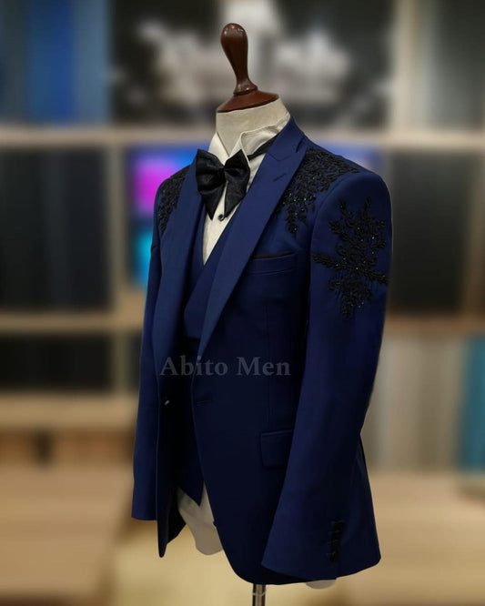 Royal Blue Embroidered 3-Piece Suit